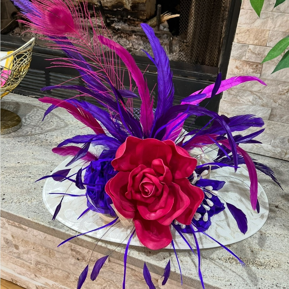 Kentucky Derby Vibrant Pink & Purple Rose Feathered Hat